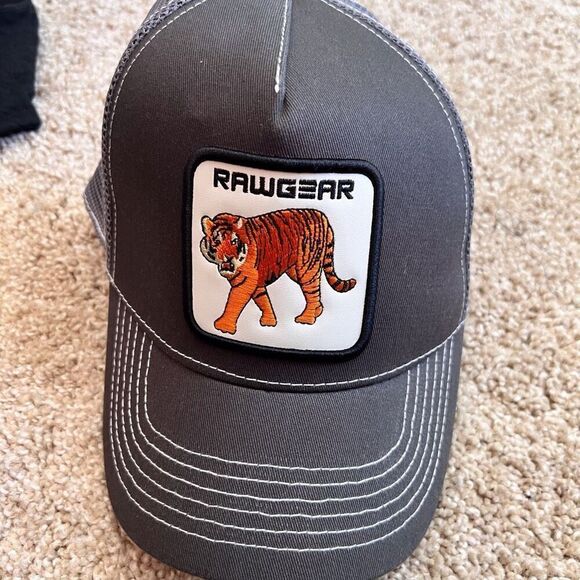 RawGear Mens‎ Trucker Hat One Size Gray with Tiger Patch Adjustable Fit Outdoor - Picture 1 of 5